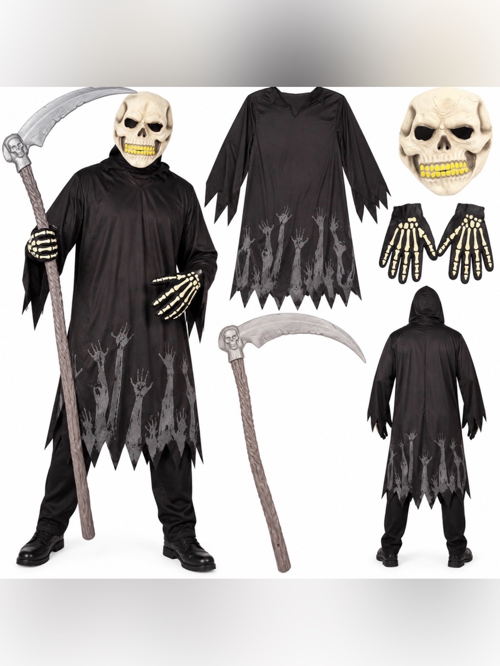 Kids Grim Reaper Halloween Costume Size Large – Mask Gloves Scythe Hooded Robe